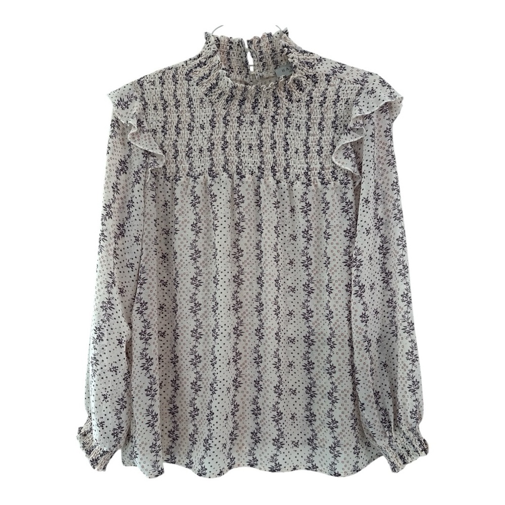 Hayden Cream & Lavender Abstract Floral Smocked Long Sleeve Babydoll Tunic Small